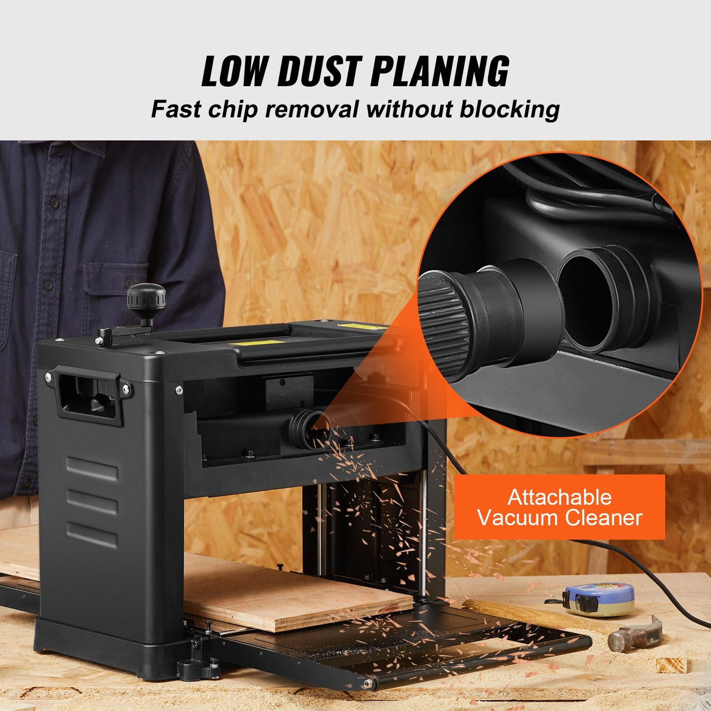 Planhyvel tjocklekshyvel enkelhastighet 13" bredd arbetsbordshyvel tvåbladig 15-Amp 1800W Kraftfull motor 12" förlängt inmatningsbord lågt ljud