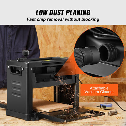 Planhyvel tjocklekshyvel enkelhastighet 13" bredd arbetsbordshyvel tvåbladig 15-Amp 1800W Kraftfull motor 12" förlängt inmatningsbord lågt ljud