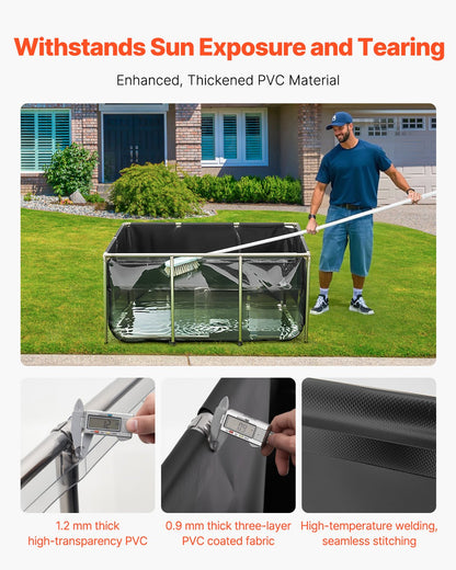 Canvas Fish Pond, 270 Gal Above Ground Fish Pond, PVC Koi Tank with Clear Viewing Panel, Rectangular Goldfish Tank with Stainless Steel Frame & Drain Valve, for Breeding Koi, Irrigation(Black)