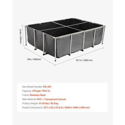 Canvas Fiskdamm Ovanmark Koi Aquarium 470 Gallon med Genomskinlig Panel