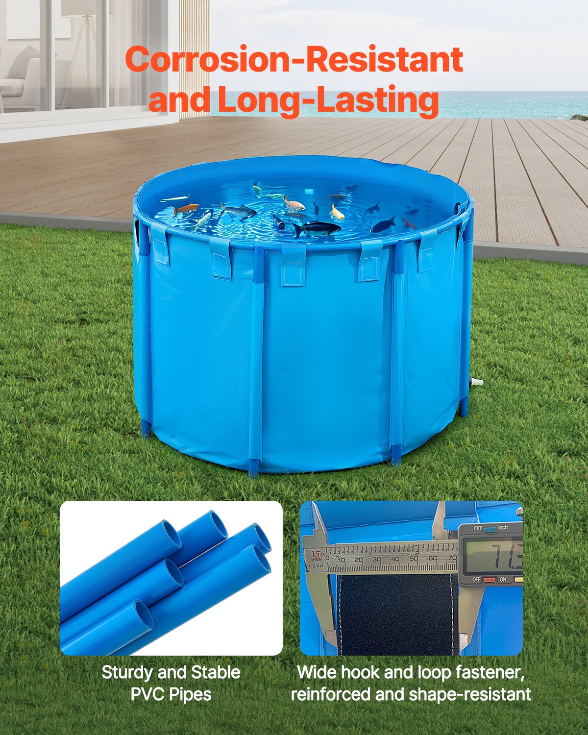 Canvas Fish Pond, 448.8 Gal Capacity Above Ground Fish Pond, Foldable PVC Koi Tank, Round Goldfish Tank with Stable Frame and Drain Valve, for Aquaculture, Koi Breeding, and Irrigation (Blue)
