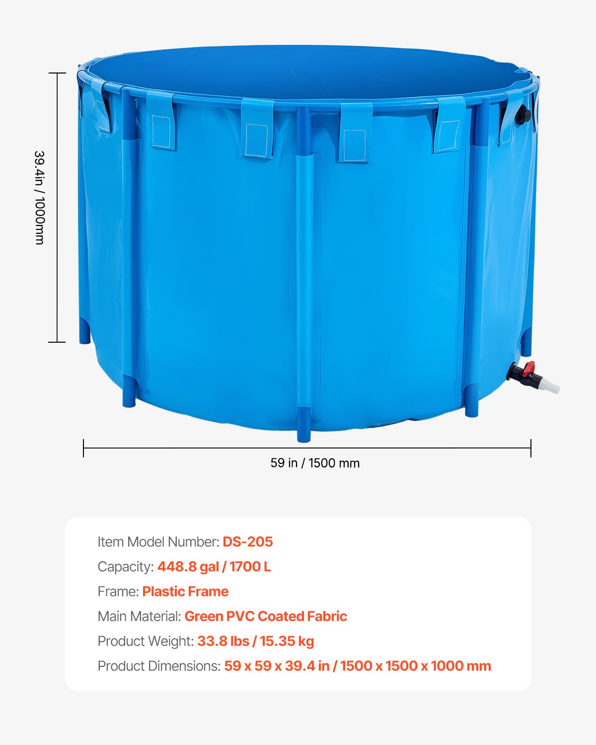 Canvas Fish Pond, 448.8 Gal Capacity Above Ground Fish Pond, Foldable PVC Koi Tank, Round Goldfish Tank with Stable Frame and Drain Valve, for Aquaculture, Koi Breeding, and Irrigation (Blue)
