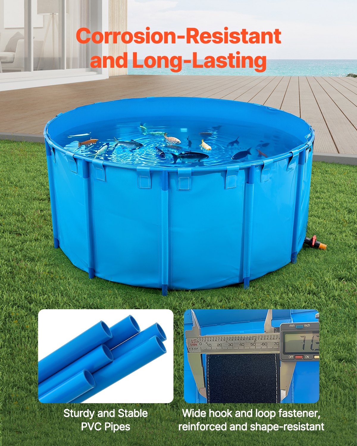 Canvas Fish Pond, 1320 Gal Capacity Above Ground Fish Pond, Foldable PVC Koi Tank, Round Goldfish Tank with Stable Frame and Drain Valve, for Aquaculture, Koi Breeding, and Irrigation (Blue)