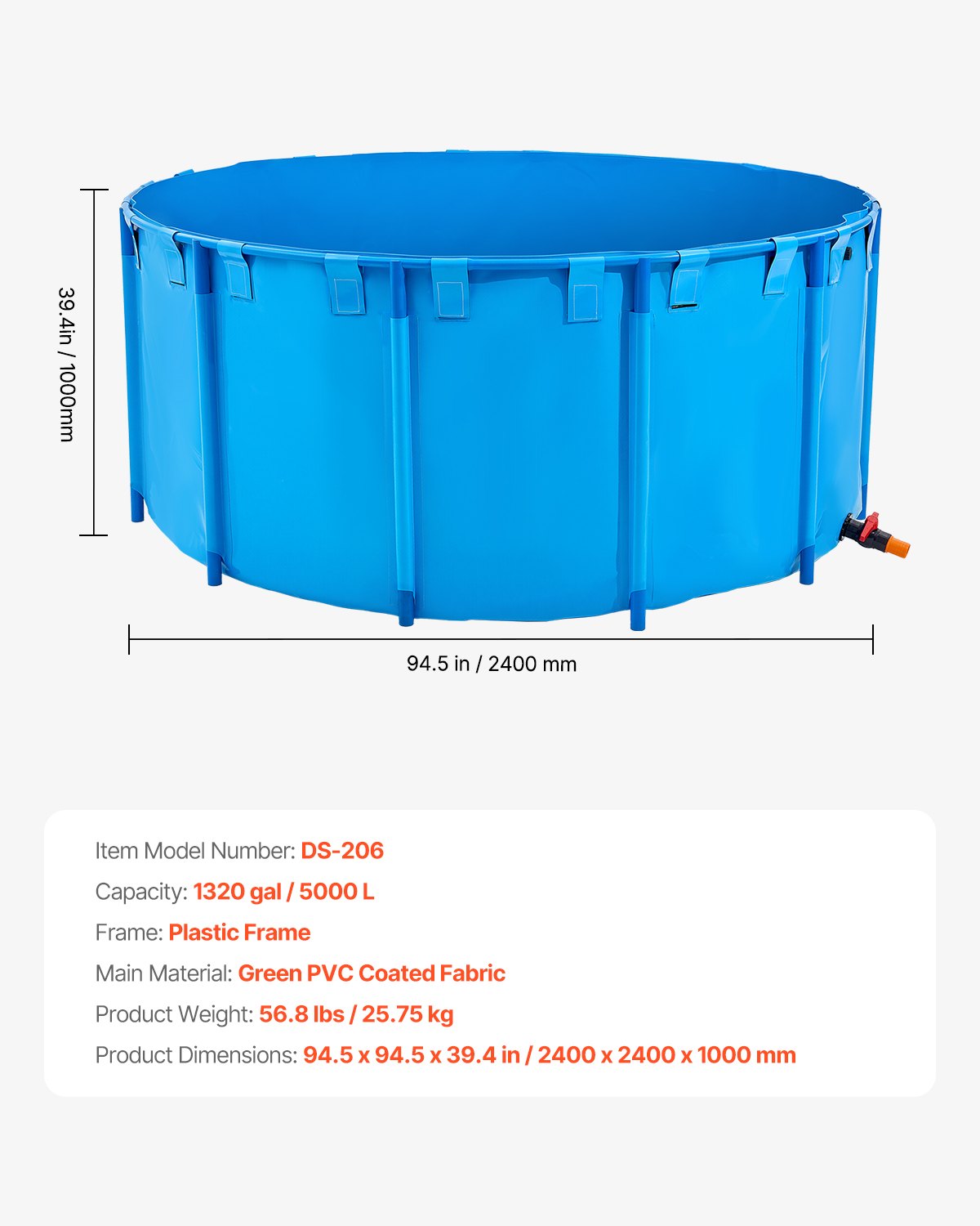 Canvas Fish Pond, 1320 Gal Capacity Above Ground Fish Pond, Foldable PVC Koi Tank, Round Goldfish Tank with Stable Frame and Drain Valve, for Aquaculture, Koi Breeding, and Irrigation (Blue)