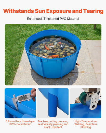 Canvas Fish Pond, 818 Gal Capacity Above Ground Fish Pond, Foldable PVC Koi Tank, Round Goldfish Tank with Stable Frame and Drain Valve, for Aquaculture, Koi Breeding, and Irrigation (Blue)