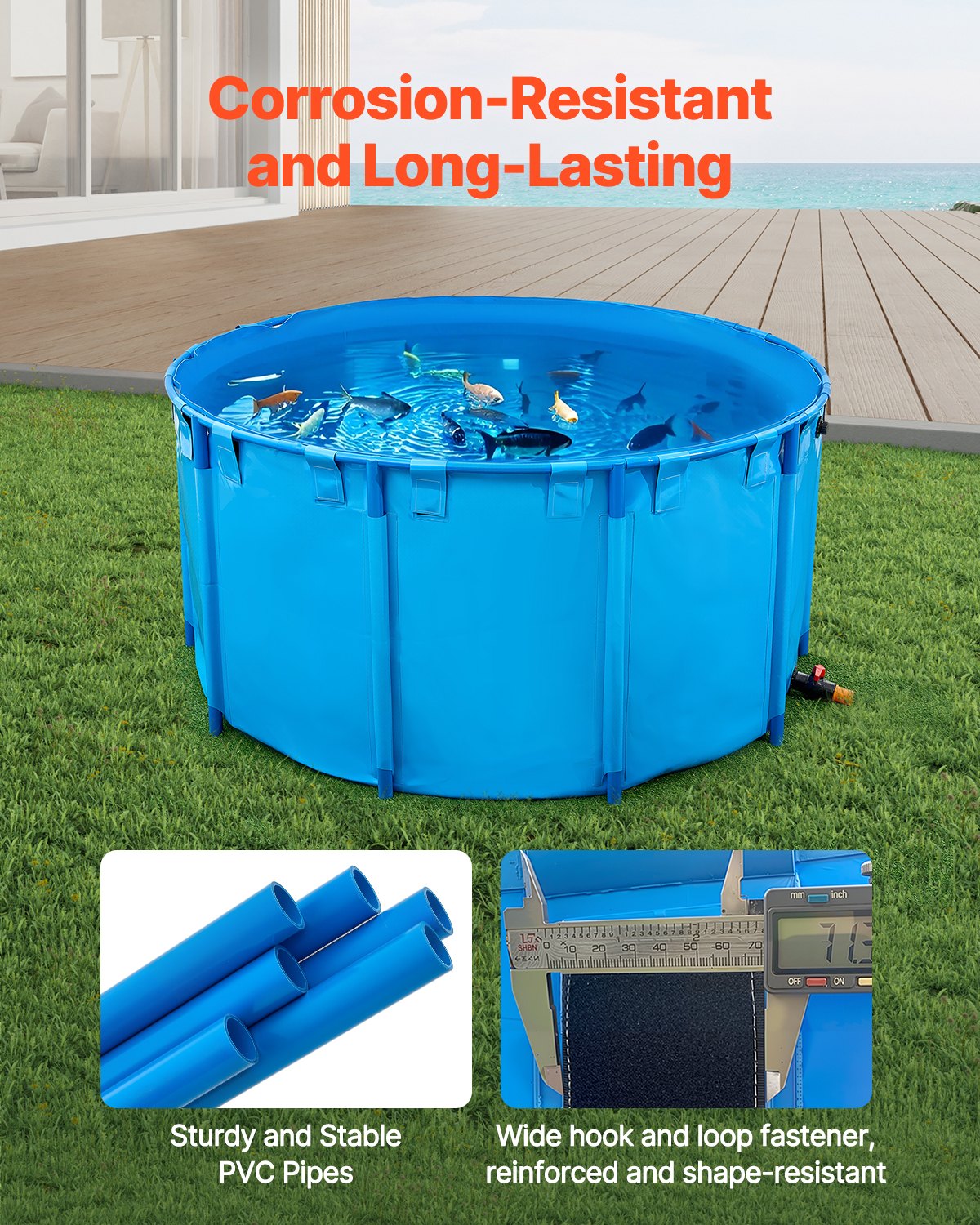 Canvas Fish Pond, 818 Gal Capacity Above Ground Fish Pond, Foldable PVC Koi Tank, Round Goldfish Tank with Stable Frame and Drain Valve, for Aquaculture, Koi Breeding, and Irrigation (Blue)