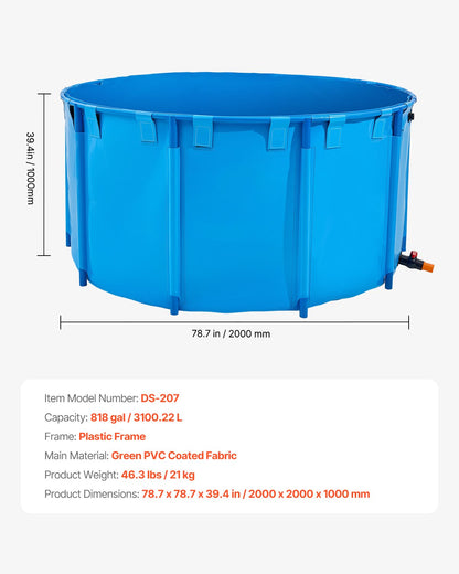 Canvas Fish Pond, 818 Gal Capacity Above Ground Fish Pond, Foldable PVC Koi Tank, Round Goldfish Tank with Stable Frame and Drain Valve, for Aquaculture, Koi Breeding, and Irrigation (Blue)