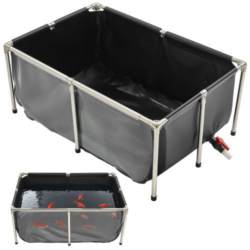 Canvas Fish Pond, 126.8 Gal Above Ground Fish Pond, PVC Koi Tank with Clear Viewing Panel, Rectangular Goldfish Tank with Stainless Steel Frame & Drain Valve, for Breeding Koi, Irrigation(Black)