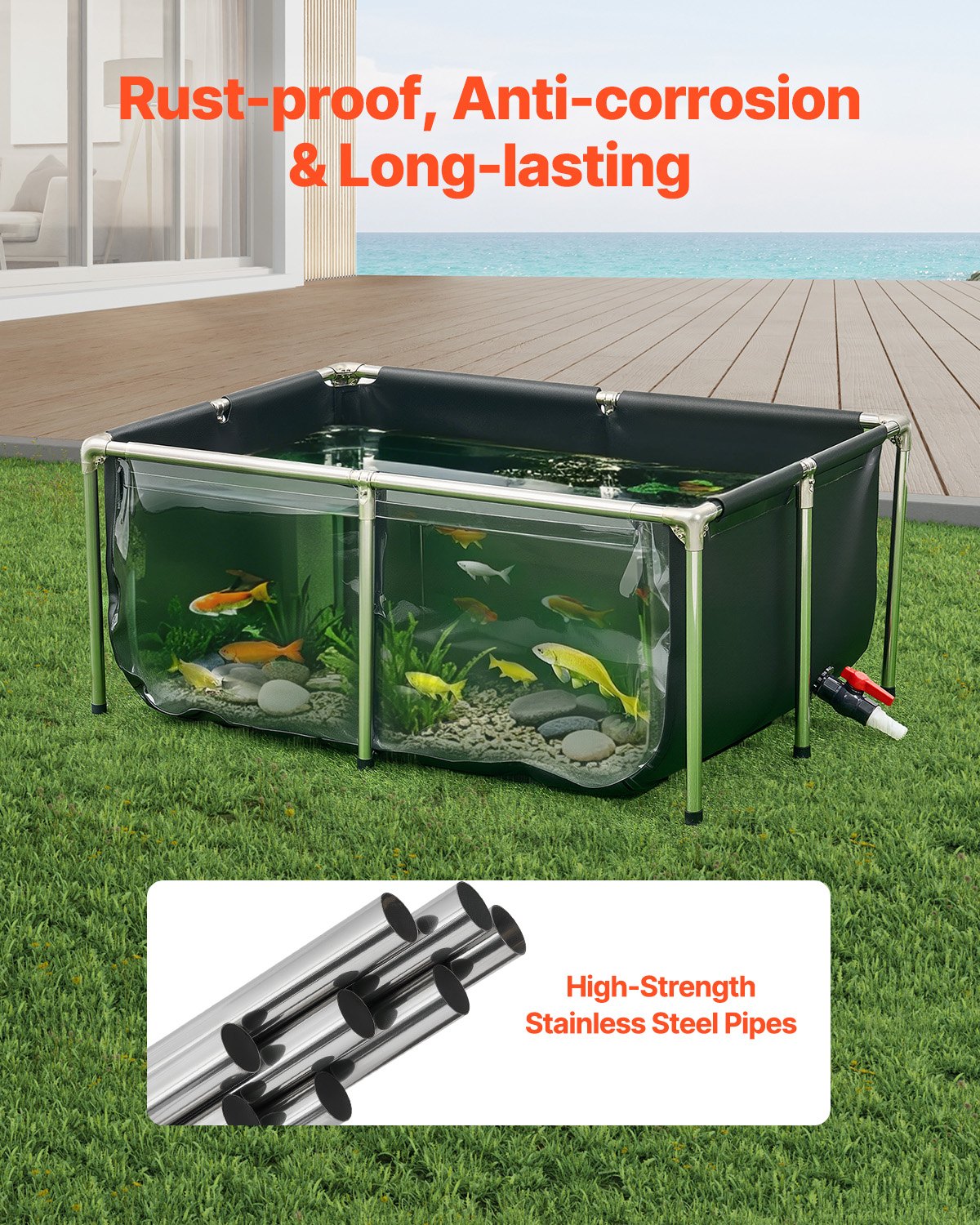 Canvas Fish Pond, 126.8 Gal Above Ground Fish Pond, PVC Koi Tank with Clear Viewing Panel, Rectangular Goldfish Tank with Stainless Steel Frame & Drain Valve, for Breeding Koi, Irrigation(Black)