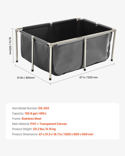 Canvas Fish Pond, 126.8 Gal Above Ground Fish Pond, PVC Koi Tank with Clear Viewing Panel, Rectangular Goldfish Tank with Stainless Steel Frame & Drain Valve, for Breeding Koi, Irrigation(Black)