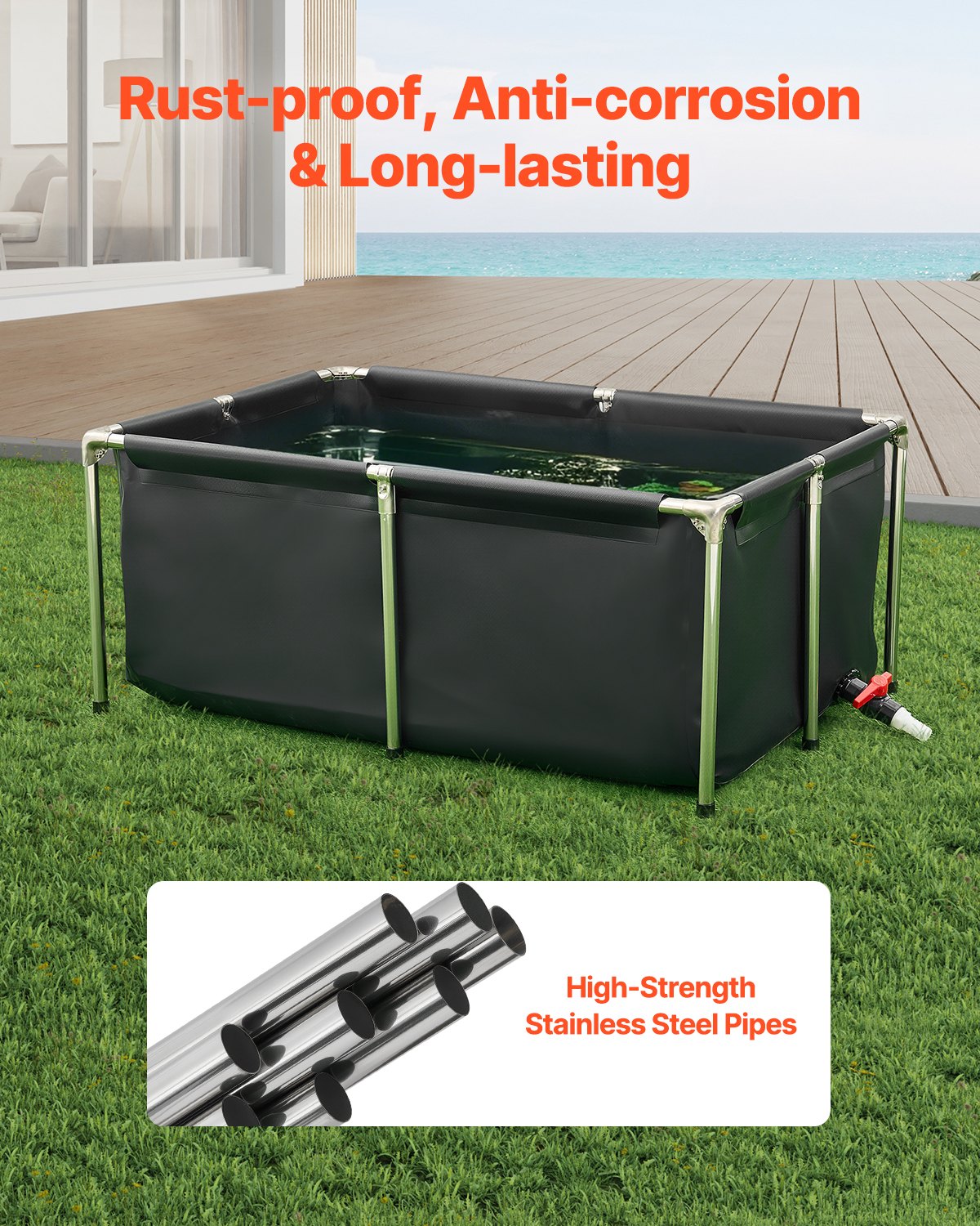 Canvas Fish Pond, 126.8 Gal Above Ground Fish Pond, Foldable PVC Koi Tank, Rectangular Goldfish Tank with Stable Frame and Drain Valve, for Aquaculture, Koi Breeding, and Irrigation (Black)