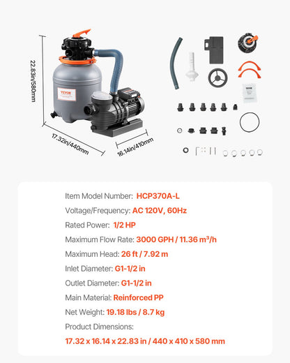 Sand Filter Pump for Above Ground Pool, 12 in, 3000 GPH, 1/2 HP Swimming Pool Sand Filter Pump System, Krystal Clear with 6-Way Multi-port Valve & Strainer Basket, Easy Installation for Pools