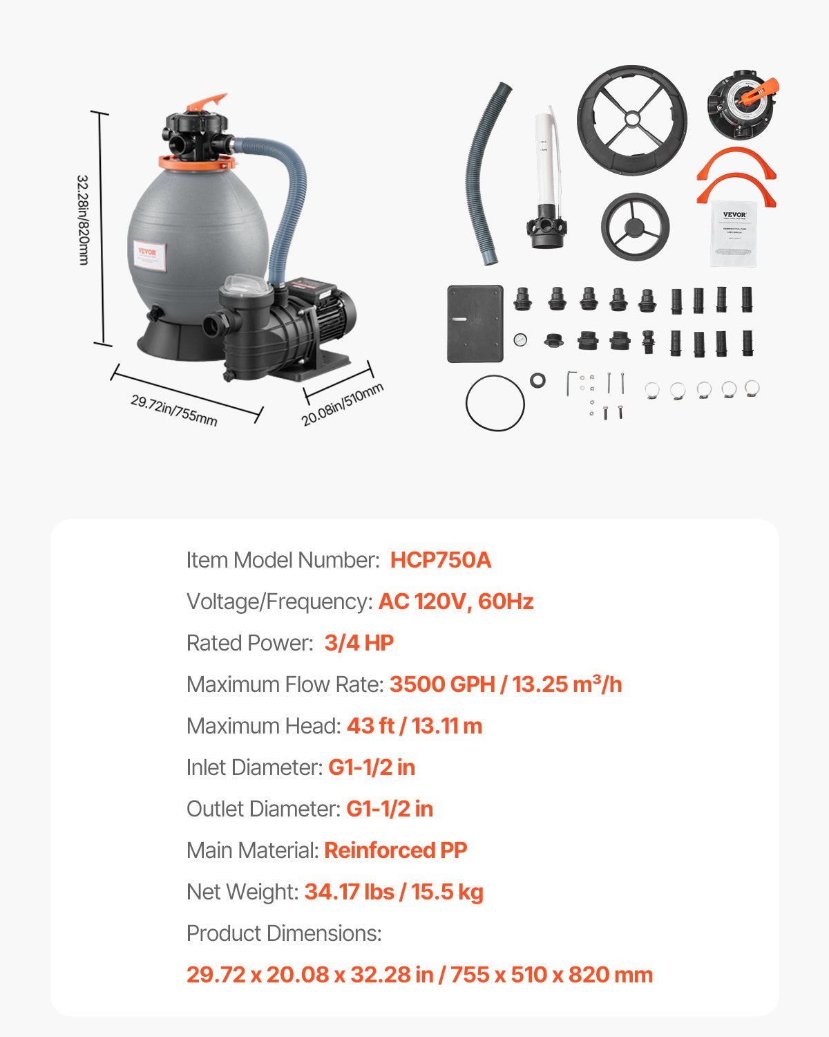 Sand Filter Pump for Above Ground Pool, 16 in, 3500 GPH, 3/4 HP Swimming Pool Sand Filter Pump System, Krystal Clear with 6-Way Multi-port Valve & Strainer Basket, Easy Installation for Pools