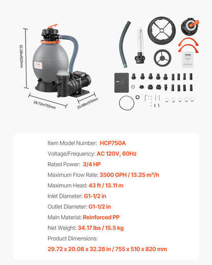 Sand Filter Pump for Above Ground Pool, 16 in, 3500 GPH, 3/4 HP Swimming Pool Sand Filter Pump System, Krystal Clear with 6-Way Multi-port Valve & Strainer Basket, Easy Installation for Pools