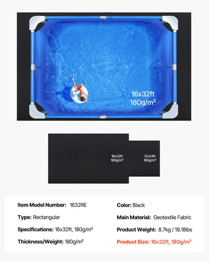 Rectangle Pool Liner Pad, 16 x 32 ft Pool Liner Pad for Above Ground Swimming Pools, Extra-Thick Pool Mat, Prevents Punctures, Recycled Geotextile Material Underlayment Pad, Extend Liner Life