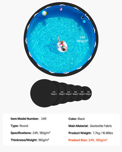 24ft Round Pool Liner Pad, Pool Liner Pad for Above Ground Swimming Pools, Extra-Thick Pool Mat, Prevents Punctures, Recycled Geotextile Material Underlayment Pad, Extend Liner Life