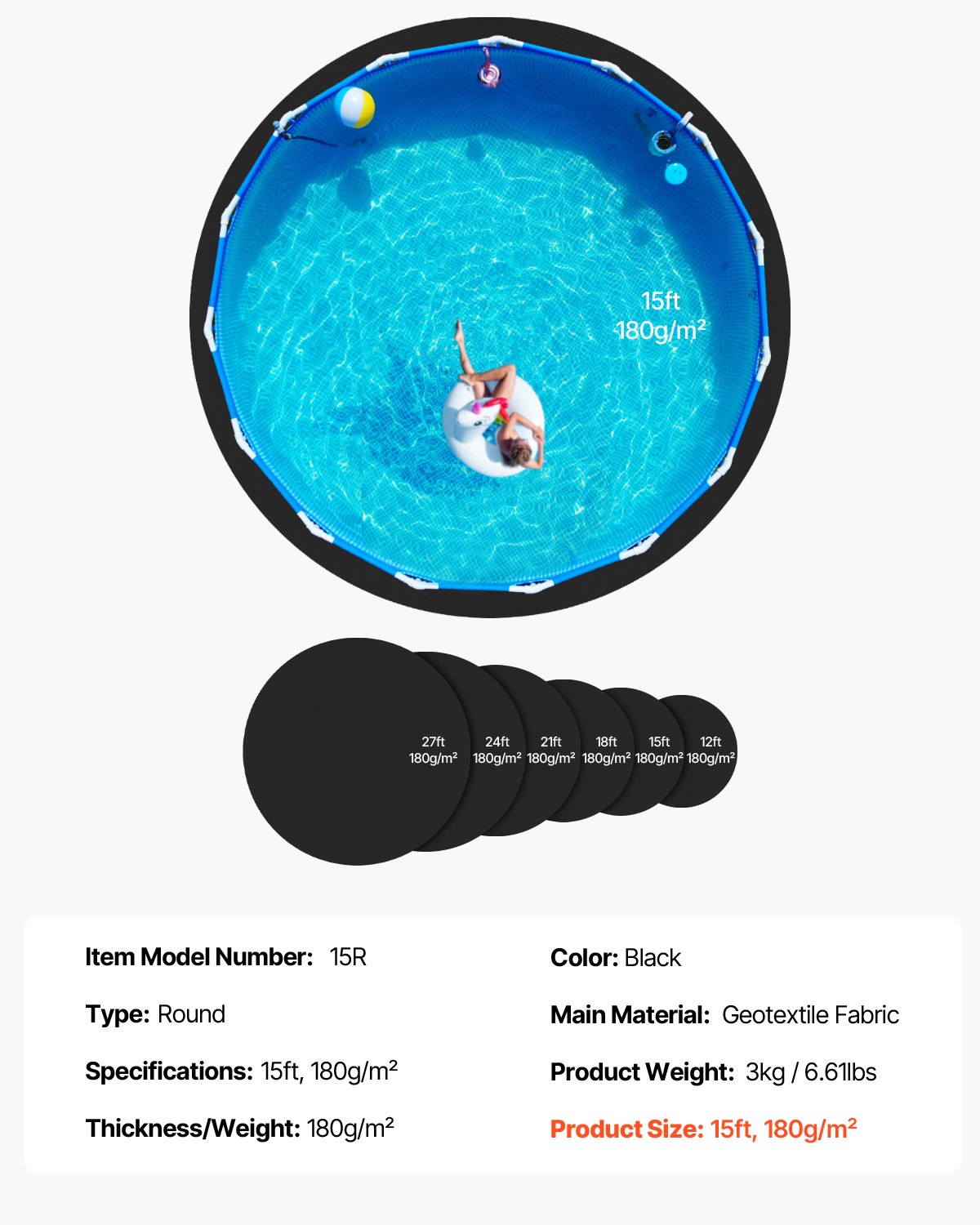 15ft Round Pool Liner Pad, Pool Liner Pad for Above Ground Swimming Pools, Extra-Thick Pool Mat, Prevents Punctures, Recycled Geotextile Material Underlayment Pad, Extend Liner Life