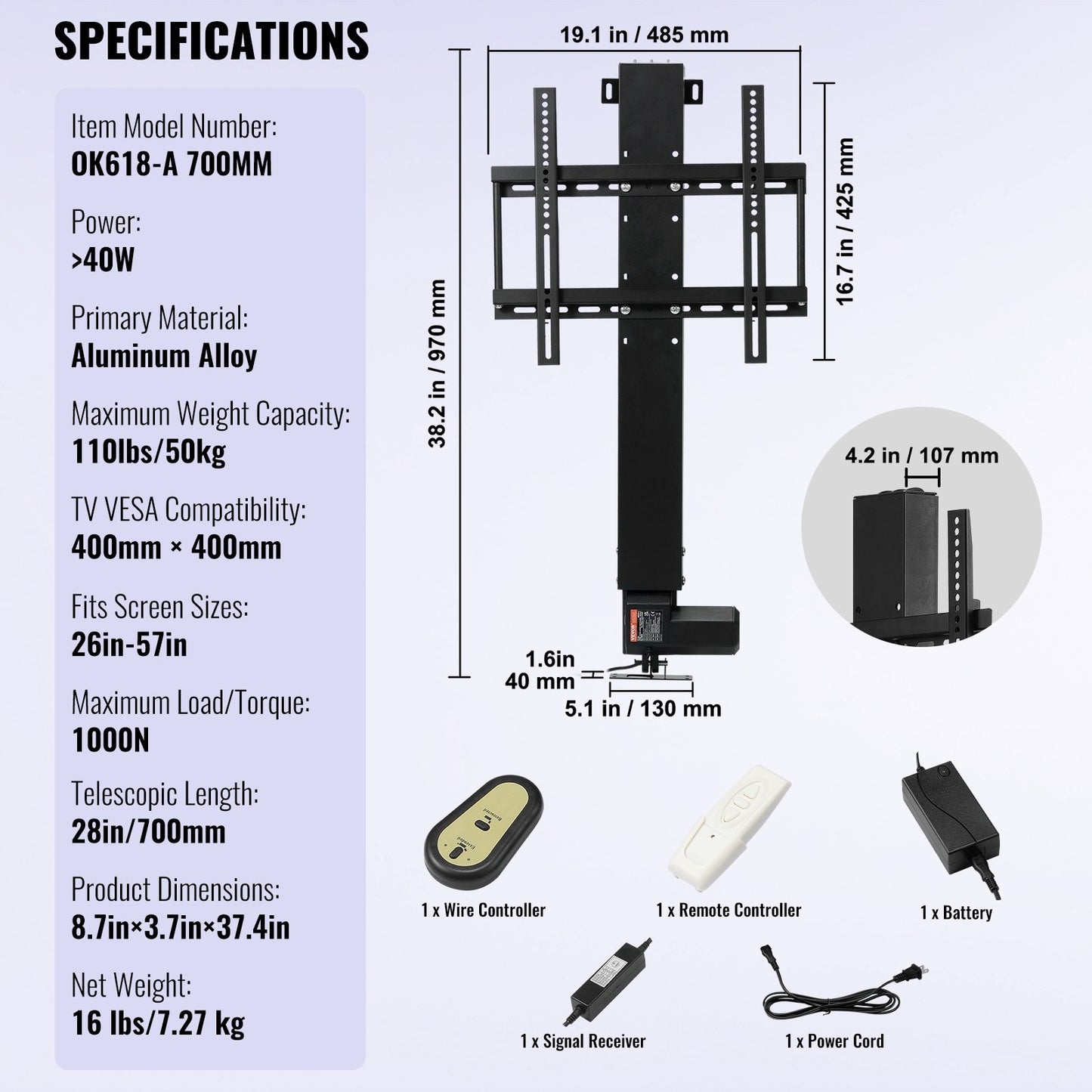 Automated TV Elevator for Up to 50" Screens, 28" Stroke with Adjustable Height from 38" to 65", Remote Controlled, Supports up to 132 lbs