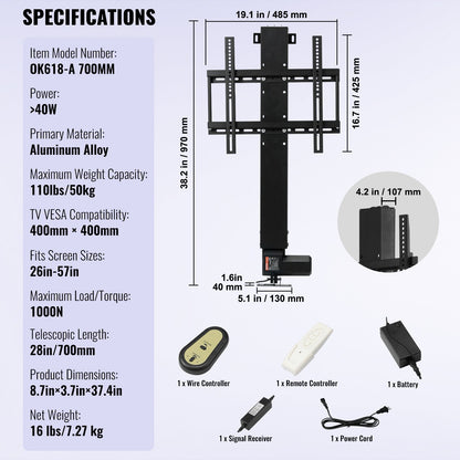 Automated TV Elevator for Up to 50" Screens, 28" Stroke with Adjustable Height from 38" to 65", Remote Controlled, Supports up to 132 lbs