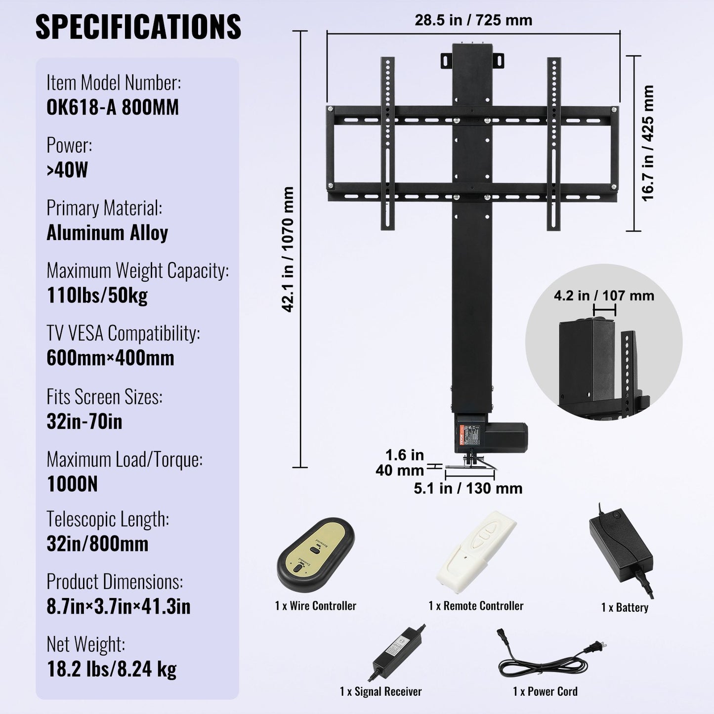 Automated TV Elevator, 31" Stroke for Up to 60" Screens, Adjustable Height 42"-73", Remote Controlled, Supports 132 lbs