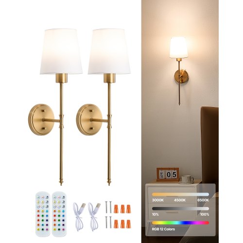 Battery Operated Wall Sconce Set of 2, 4000mAh Rechargeable Wireless Wall Lights with Remote Control, 30 Lighting Modes, 12 RGB Colors & Timer, Dimmable Wall Lamp for Living Room Bedroom Hallway