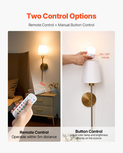 Battery Operated Wall Sconce Set of 2, 4000mAh Rechargeable Wireless Wall Lights with Remote Control, 30 Lighting Modes, 12 RGB Colors & Timer, Dimmable Wall Lamp for Living Room Bedroom Hallway