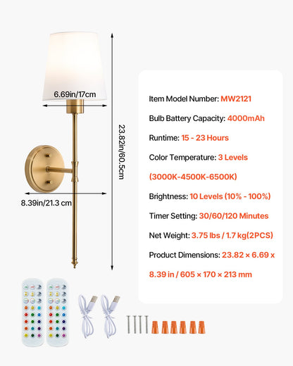 Battery Operated Wall Sconce Set of 2, 4000mAh Rechargeable Wireless Wall Lights with Remote Control, 30 Lighting Modes, 12 RGB Colors & Timer, Dimmable Wall Lamp for Living Room Bedroom Hallway