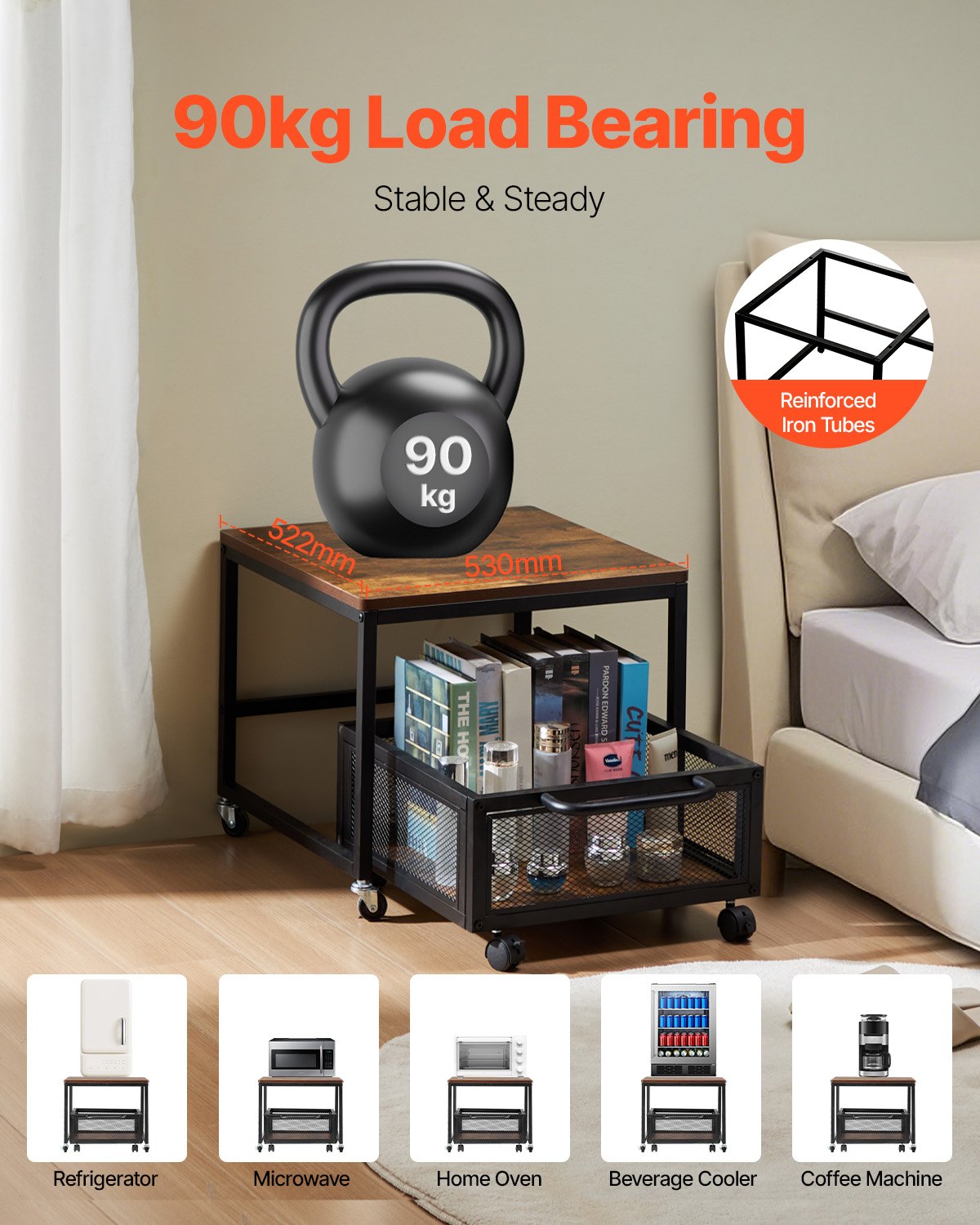 Mini Fridge Stand with Storage, 198 lbs Mini Fridge Table with Movable Storage Cart & Swivel Wheels, Beverage Refrigerator Stand for Coffee Bar, Mini Fridge Organizer for Home Dorm, Light Brown