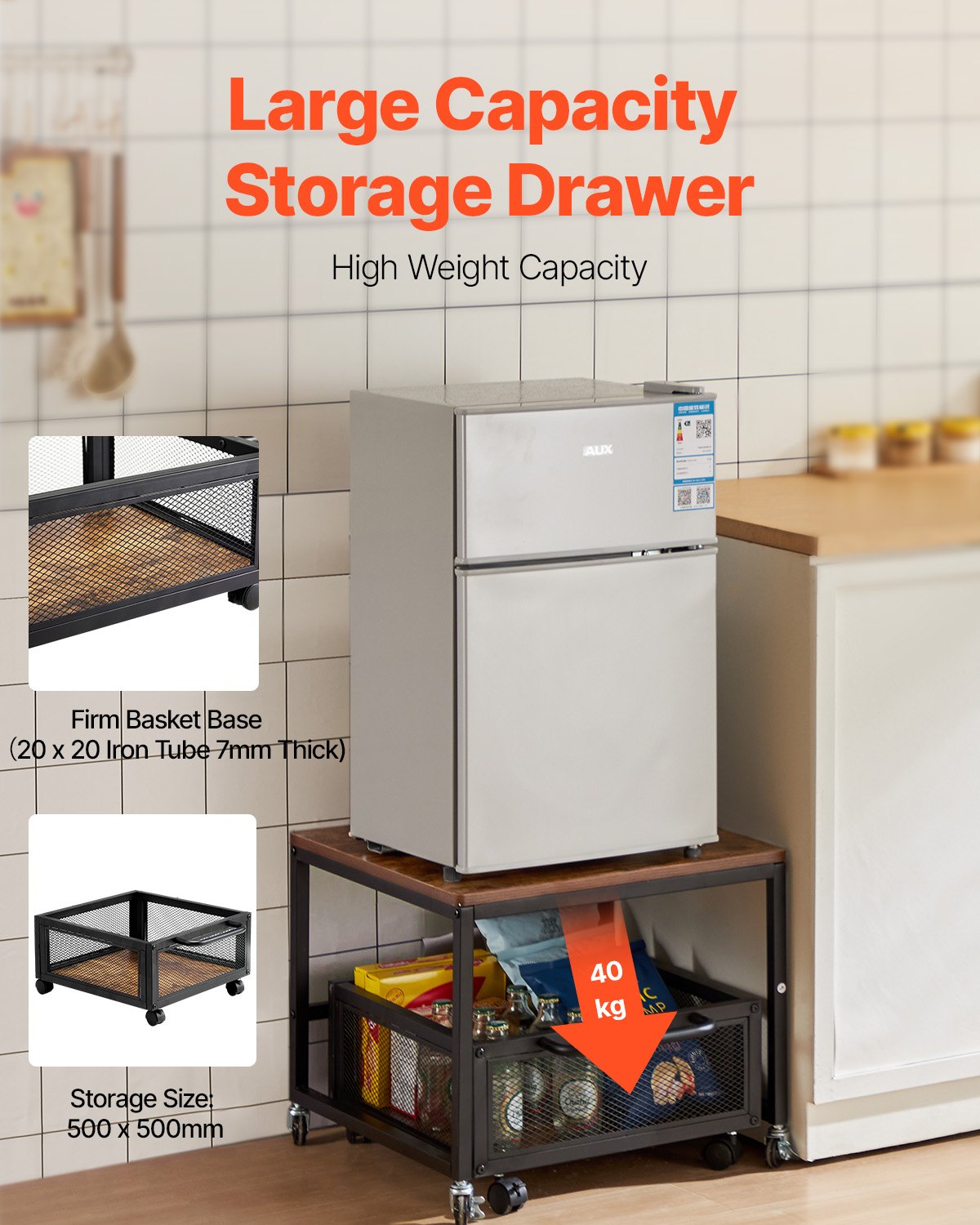 Mini Fridge Stand with Storage, 198 lbs Mini Fridge Table with Movable Storage Cart & Swivel Wheels, Beverage Refrigerator Stand for Coffee Bar, Mini Fridge Organizer for Home Dorm, Light Brown