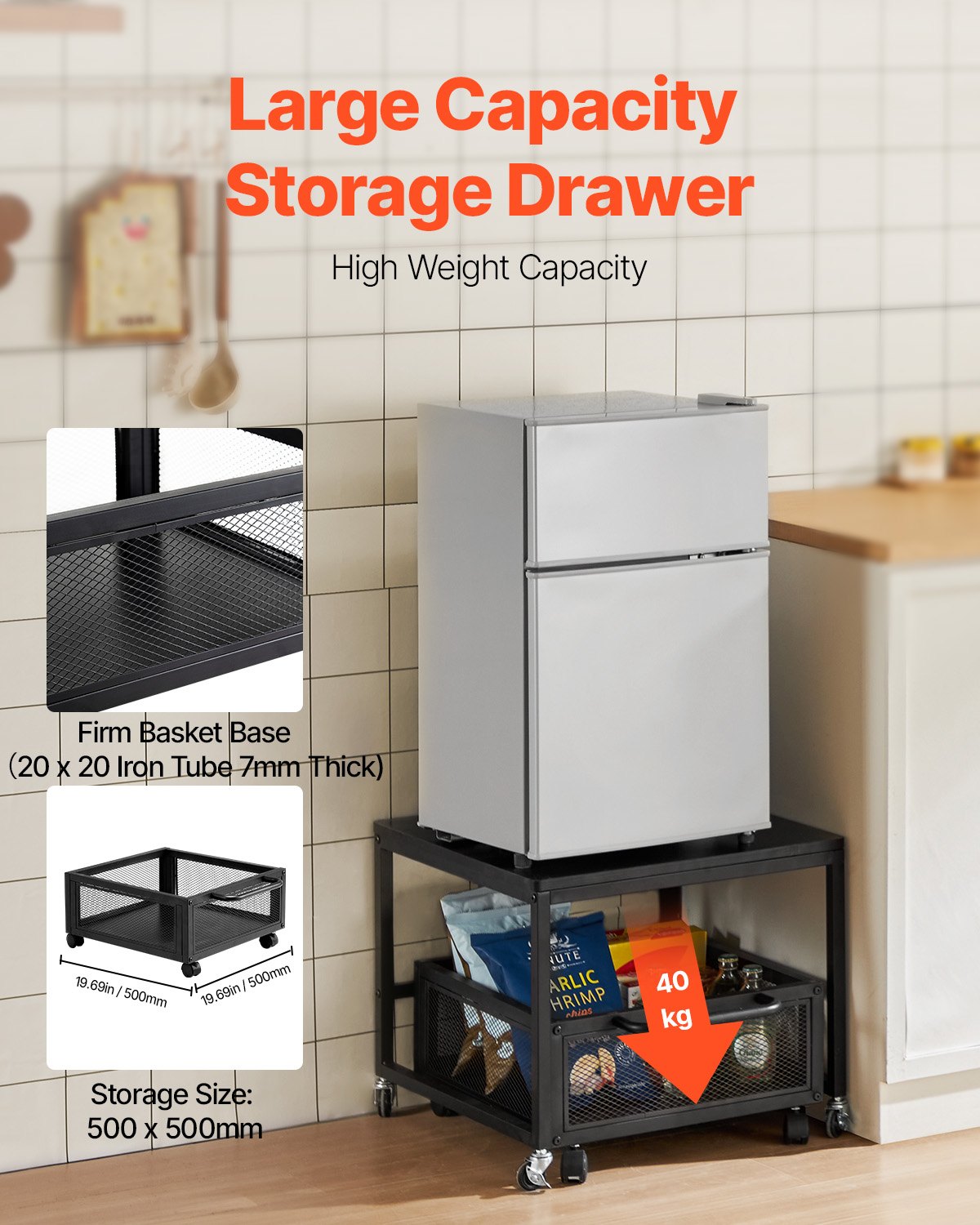 Mini Fridge Stand with Storage, 198 lbs Mini Fridge Table with Movable Storage Cart & Swivel Wheels, Beverage Refrigerator Stand for Coffee Bar, Mini Fridge Organizer for Office Home Dorm, Black