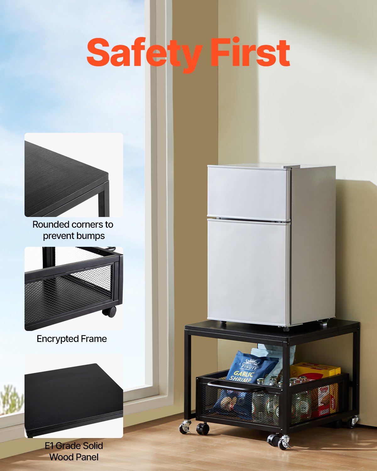 Mini Fridge Stand with Storage, 198 lbs Mini Fridge Table with Movable Storage Cart & Swivel Wheels, Beverage Refrigerator Stand for Coffee Bar, Mini Fridge Organizer for Office Home Dorm, Black