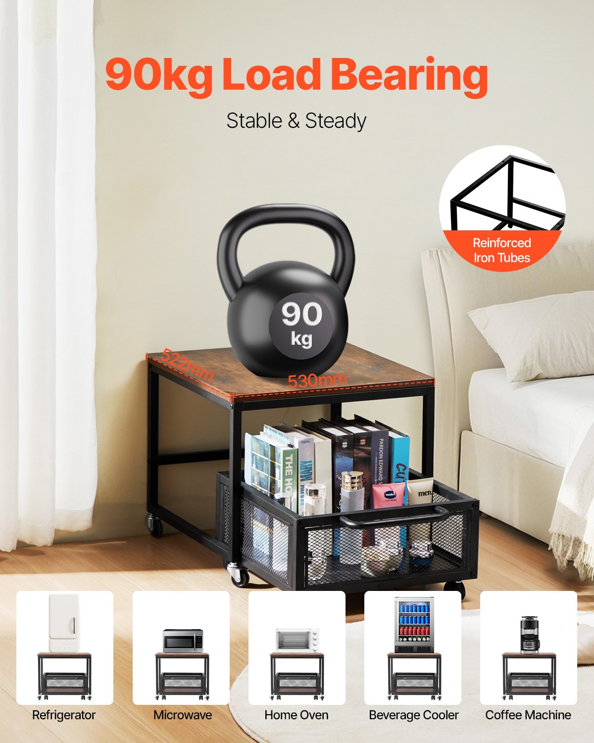 Mini Fridge Stand with Storage, 198 lbs Mini Fridge Table with Movable Storage Cart & Swivel Wheels, Beverage Refrigerator Stand for Coffee Bar, Mini Fridge Organizer for Home Dorm, Dark Brown