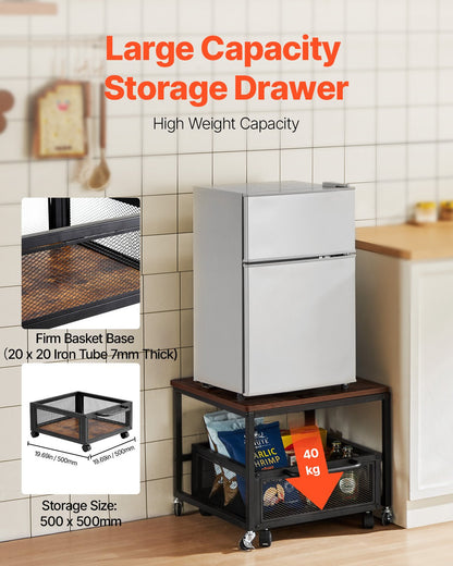 Mini Fridge Stand with Storage, 198 lbs Mini Fridge Table with Movable Storage Cart & Swivel Wheels, Beverage Refrigerator Stand for Coffee Bar, Mini Fridge Organizer for Home Dorm, Dark Brown