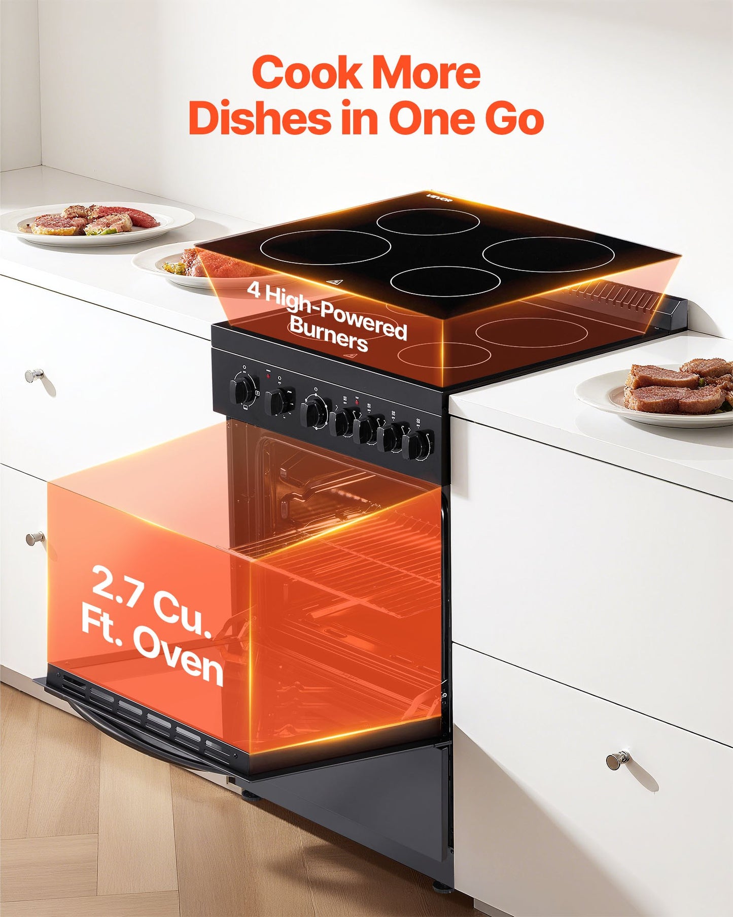 24 in Electric Range Oven, 2.7 Cu. Ft. Capacity Compact Freestanding Oven, Stainless Steel Kitchen Stove with 4 Burners, Easy Reach Rack, Storage Drawer, Drip Pan, Indicator Light(No Power Cord)