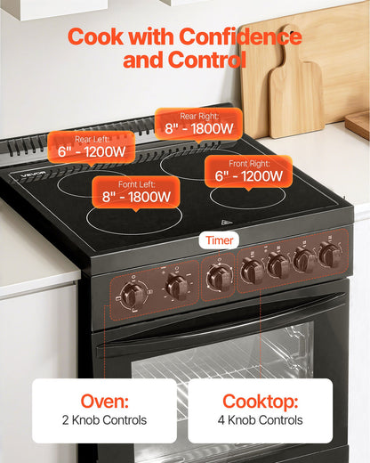 24 in Electric Range Oven, 2.7 Cu. Ft. Capacity Compact Freestanding Oven, Stainless Steel Kitchen Stove with 4 Burners, Easy Reach Rack, Storage Drawer, Drip Pan, Indicator Light(No Power Cord)