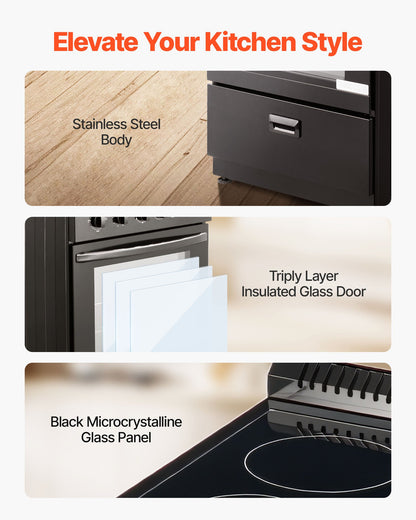 24 in Electric Range Oven, 2.7 Cu. Ft. Capacity Compact Freestanding Oven, Stainless Steel Kitchen Stove with 4 Burners, Easy Reach Rack, Storage Drawer, Drip Pan, Indicator Light(No Power Cord)