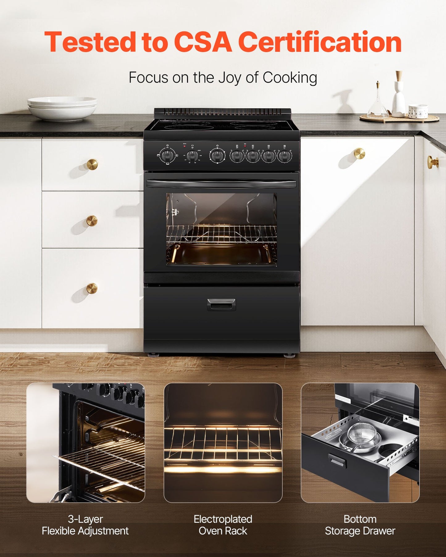 24 in Electric Range Oven, 2.7 Cu. Ft. Capacity Compact Freestanding Oven, Stainless Steel Kitchen Stove with 4 Burners, Easy Reach Rack, Storage Drawer, Drip Pan, Indicator Light(No Power Cord)