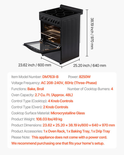 24 in Electric Range Oven, 2.7 Cu. Ft. Capacity Compact Freestanding Oven, Stainless Steel Kitchen Stove with 4 Burners, Easy Reach Rack, Storage Drawer, Drip Pan, Indicator Light(No Power Cord)