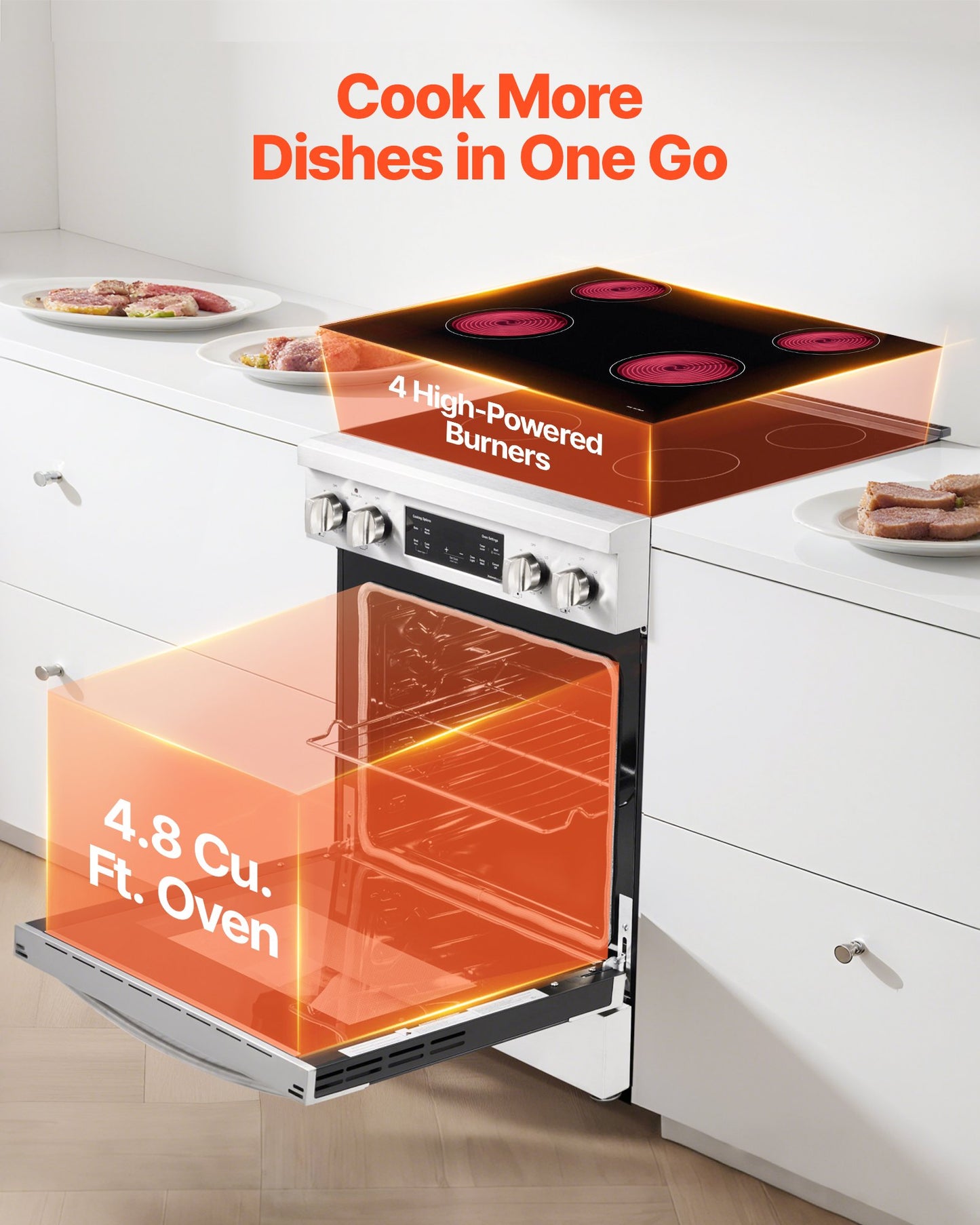 30 in Electric Range Oven, 4.8 Cu. Ft. Capacity Compact Freestanding Oven, Stainless Steel Kitchen Stove, with 4 Cooktop Burners, Timer, Easy Reach Racks, Storage Drawer, Light(No Power Cord)