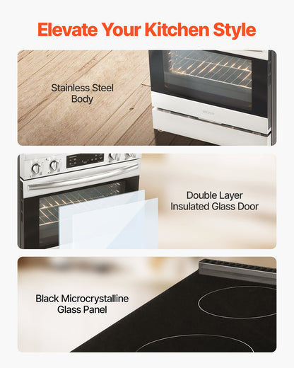 30 in Electric Range Oven, 4.8 Cu. Ft. Capacity Compact Freestanding Oven, Stainless Steel Kitchen Stove, with 4 Cooktop Burners, Timer, Easy Reach Racks, Storage Drawer, Light(No Power Cord)