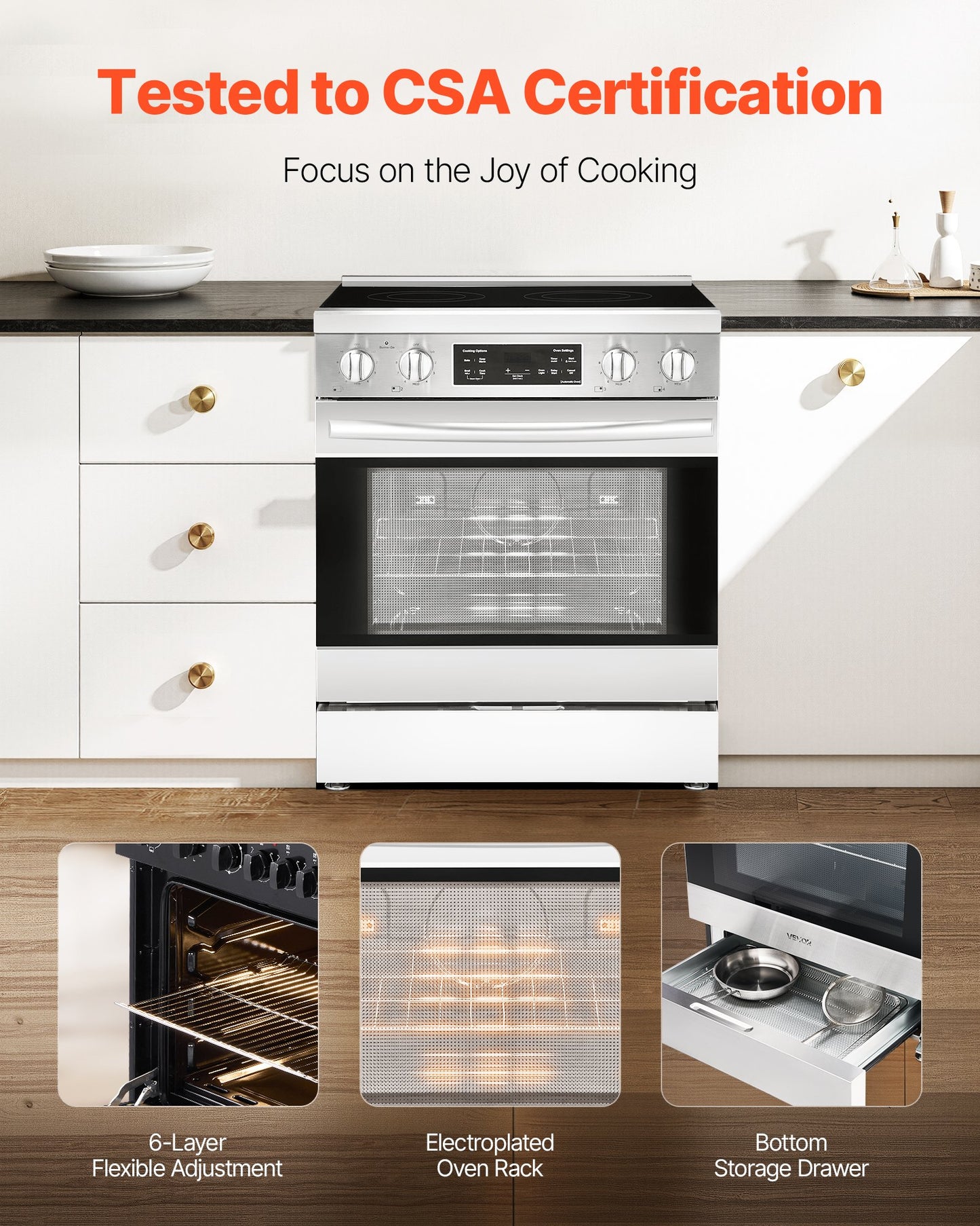 30 in Electric Range Oven, 4.8 Cu. Ft. Capacity Compact Freestanding Oven, Stainless Steel Kitchen Stove, with 4 Cooktop Burners, Timer, Easy Reach Racks, Storage Drawer, Light(No Power Cord)