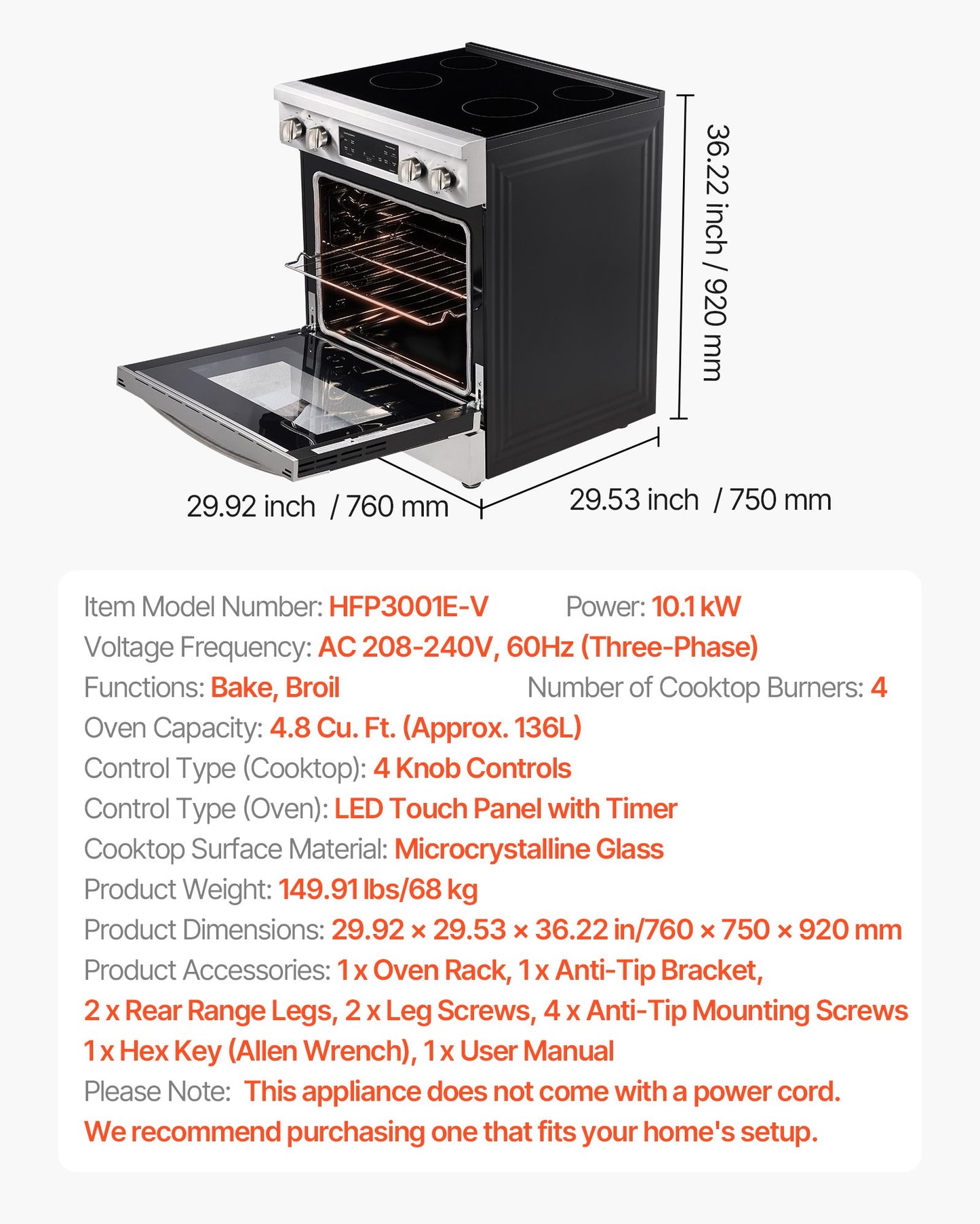 30 in Electric Range Oven, 4.8 Cu. Ft. Capacity Compact Freestanding Oven, Stainless Steel Kitchen Stove, with 4 Cooktop Burners, Timer, Easy Reach Racks, Storage Drawer, Light(No Power Cord)