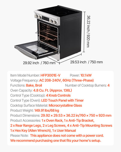 30 in Electric Range Oven, 4.8 Cu. Ft. Capacity Compact Freestanding Oven, Stainless Steel Kitchen Stove, with 4 Cooktop Burners, Timer, Easy Reach Racks, Storage Drawer, Light(No Power Cord)