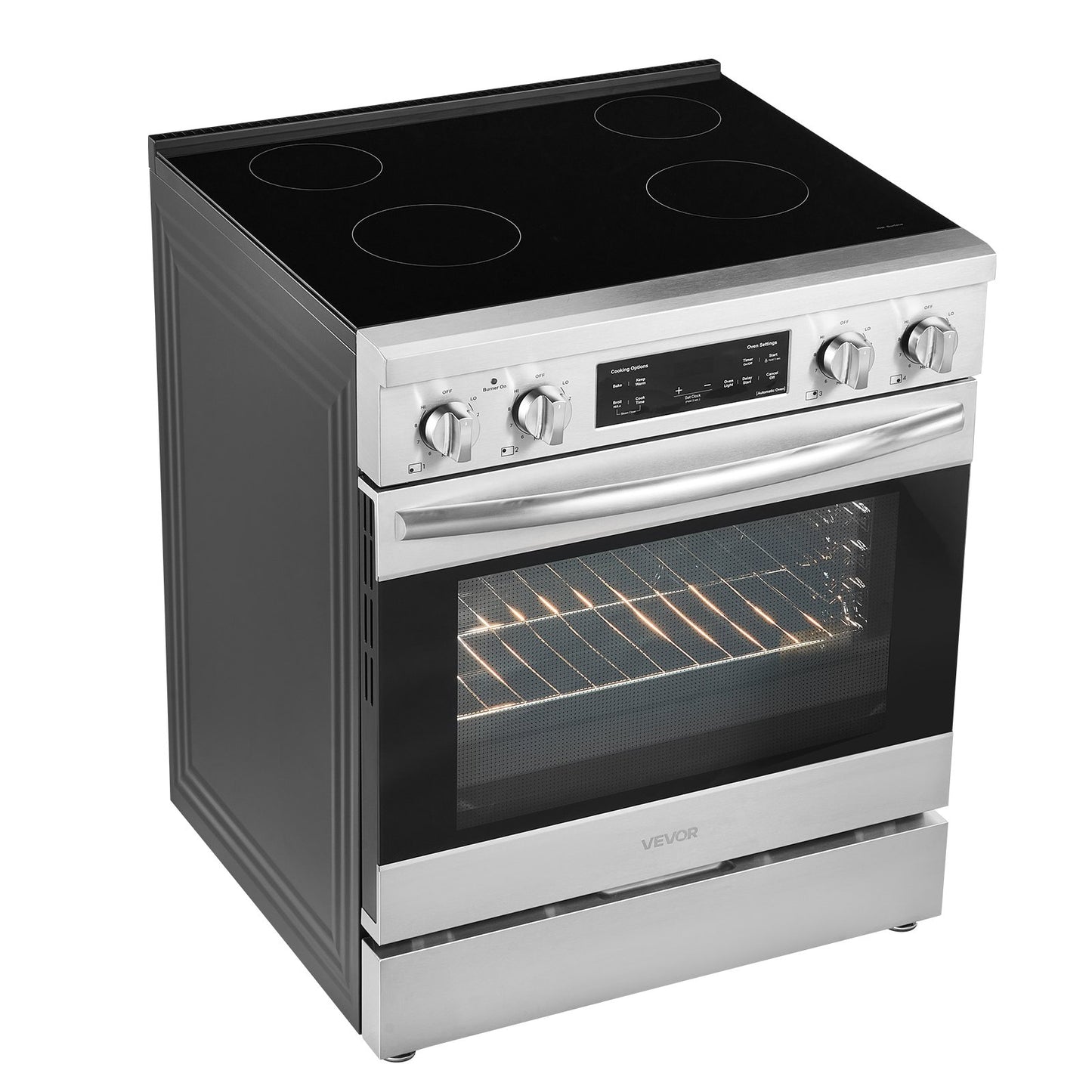 30 in Electric Range Oven, 4.8 Cu. Ft. Capacity Compact Freestanding Oven, Stainless Steel Kitchen Stove, with 4 Cooktop Burners, Timer, Easy Reach Racks, Storage Drawer, Light(No Power Cord)