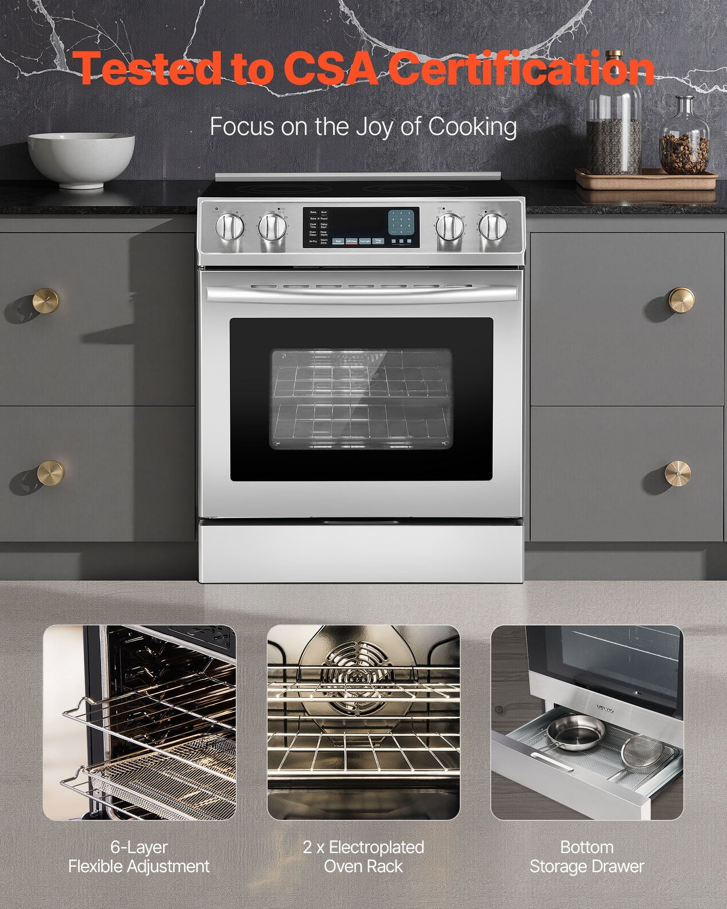 30 in Electric Range Oven, 4.8 Cu. Ft. Capacity Compact Freestanding Oven, Stainless Steel Kitchen Stove, with 5 Burners, Timer, Self-Cleaning, Easy Reach Racks, Storage Drawer(No Power Cord)