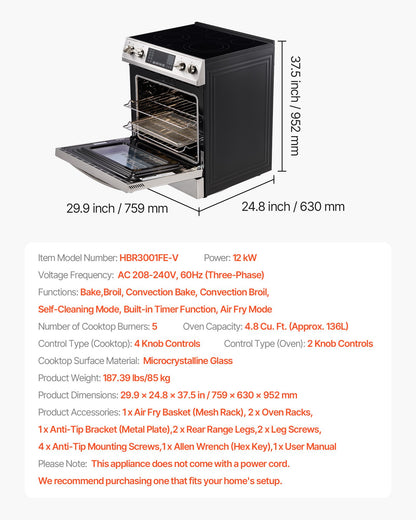 30 in Electric Range Oven, 4.8 Cu. Ft. Capacity Compact Freestanding Oven, Stainless Steel Kitchen Stove, with 5 Burners, Timer, Self-Cleaning, Easy Reach Racks, Storage Drawer(No Power Cord)