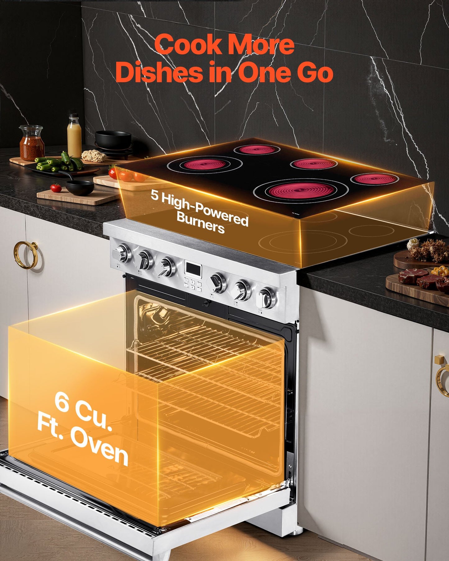36 in Electric Range Oven, 6.0 Cu. Ft. Capacity Compact Freestanding Oven, Stainless Steel Kitchen Stove, with 5 Burners, Digital Screen Button Control, Easy Reach Racks for RV(No Power Cord)