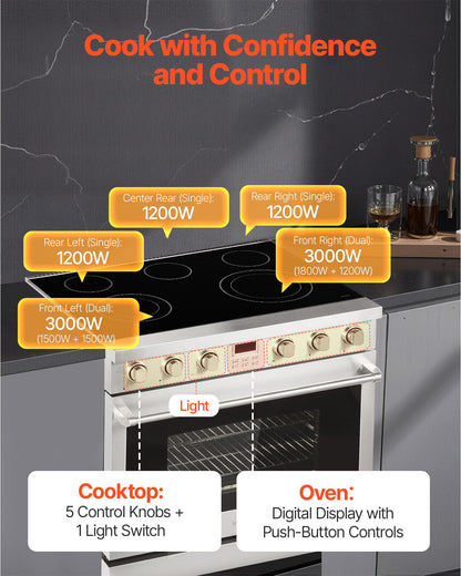 36 in Electric Range Oven, 6.0 Cu. Ft. Capacity Compact Freestanding Oven, Stainless Steel Kitchen Stove, with 5 Burners, Digital Screen Button Control, Easy Reach Racks for RV(No Power Cord)