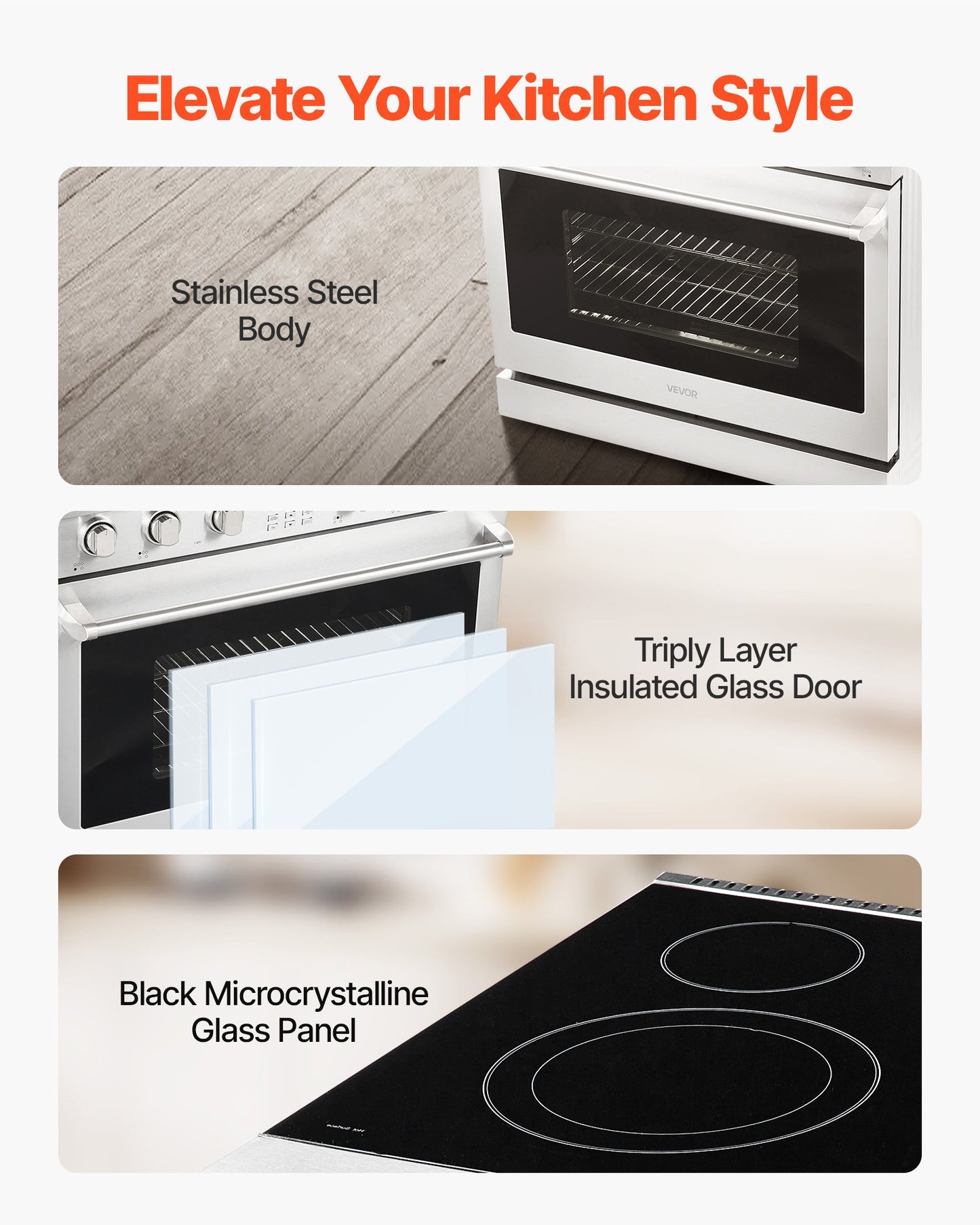 36 in Electric Range Oven, 6.0 Cu. Ft. Capacity Compact Freestanding Oven, Stainless Steel Kitchen Stove, with 5 Burners, Digital Screen Button Control, Easy Reach Racks for RV(No Power Cord)