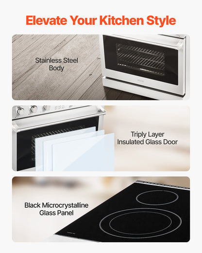 36 in Electric Range Oven, 6.0 Cu. Ft. Capacity Compact Freestanding Oven, Stainless Steel Kitchen Stove, with 5 Burners, Digital Screen Button Control, Easy Reach Racks for RV(No Power Cord)